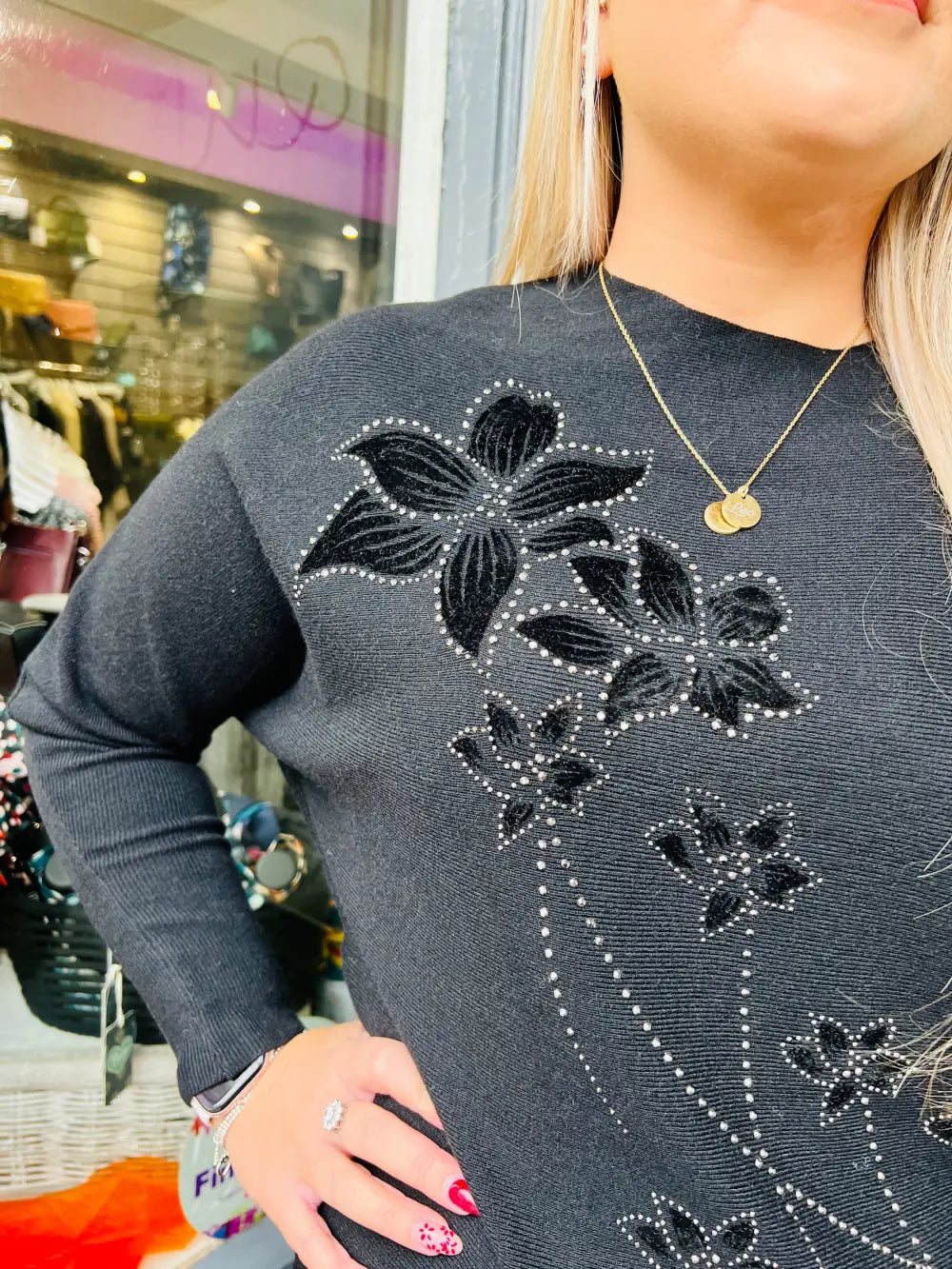 Aston Velvet Floral Jumper BLACK - Knitwear