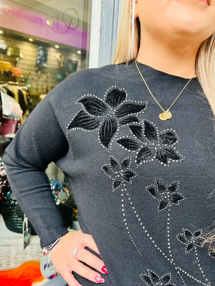 Aston Velvet Floral Jumper BLACK - Knitwear