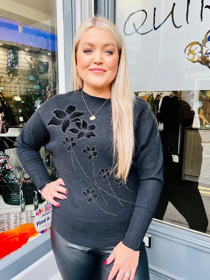 Aston Velvet Floral Jumper BLACK - Knitwear