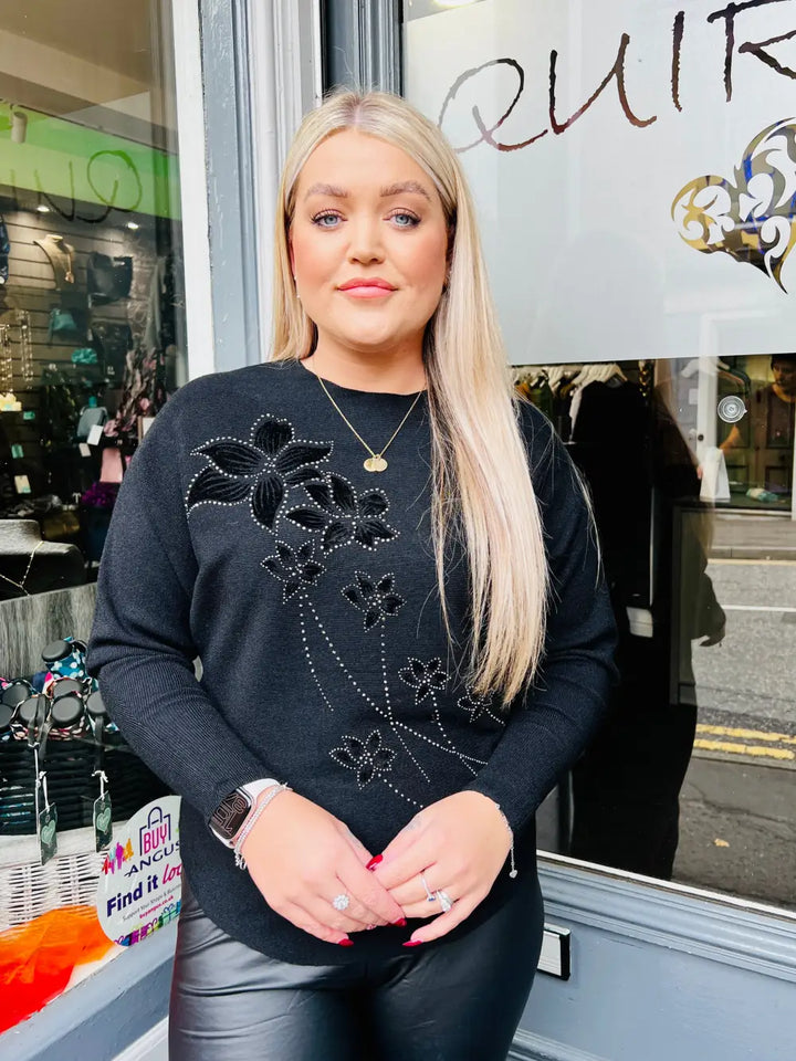 Aston Velvet Floral Jumper BLACK - Knitwear