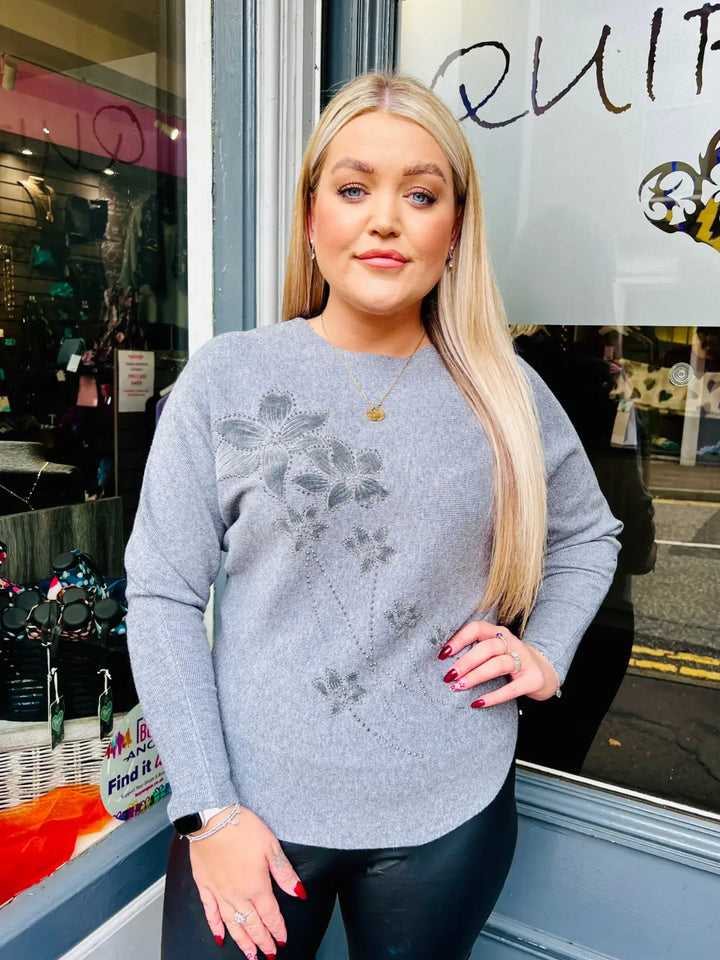 Aston Velvet Floral Jumper GREY - Knitwear