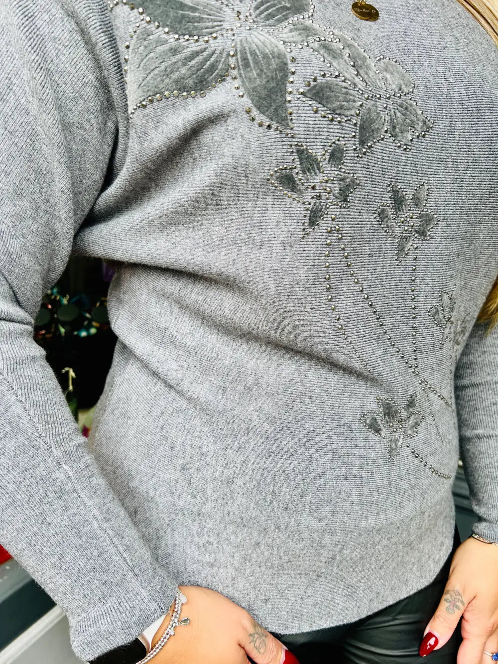 Aston Velvet Floral Jumper GREY - Knitwear