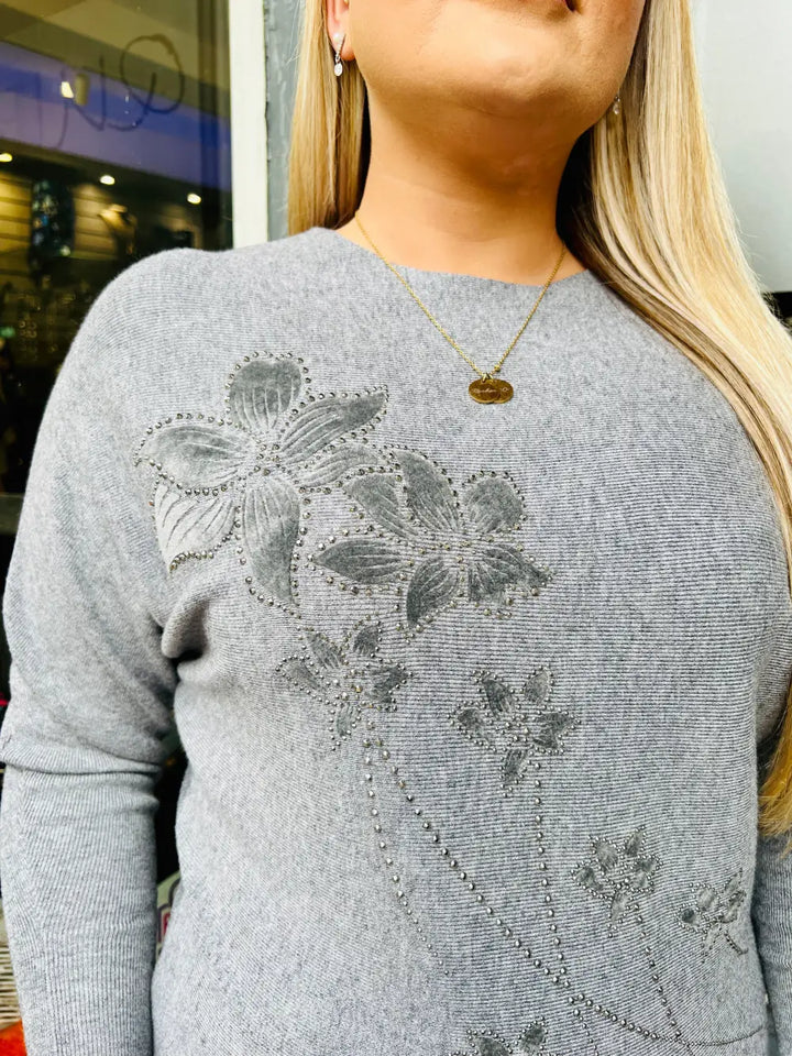 Aston Velvet Floral Jumper GREY - Knitwear