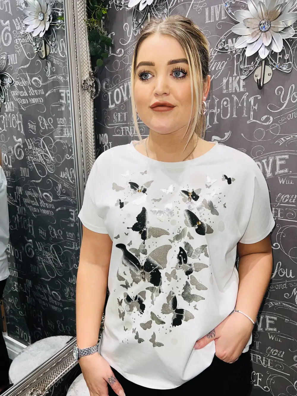 Butterfly Embellished TShirt WHITE/GREY