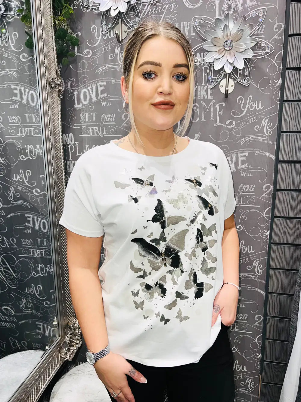 Butterfly Embellished TShirt WHITE/GREY