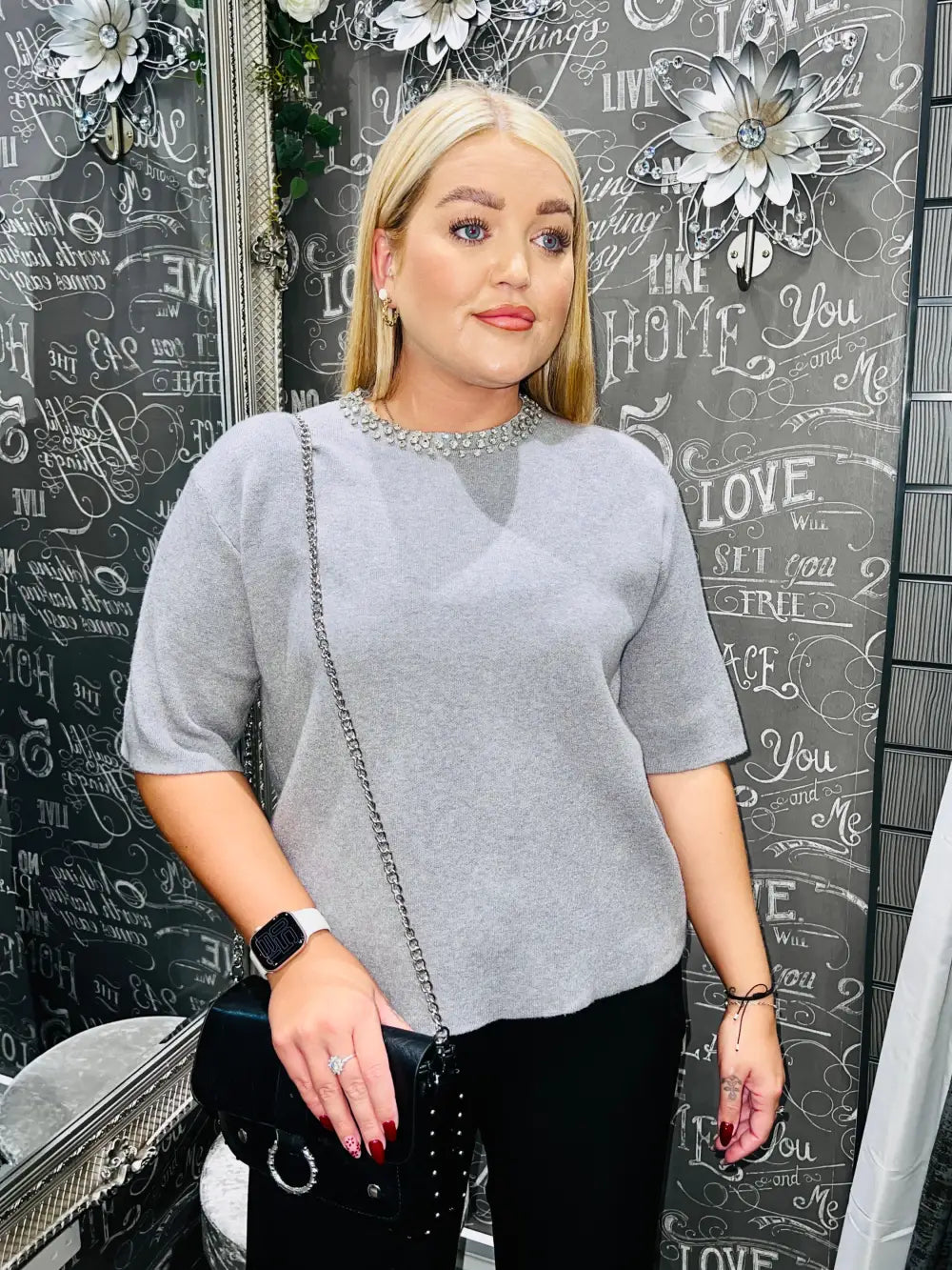 Cora Diamante Collar Jumper GREY