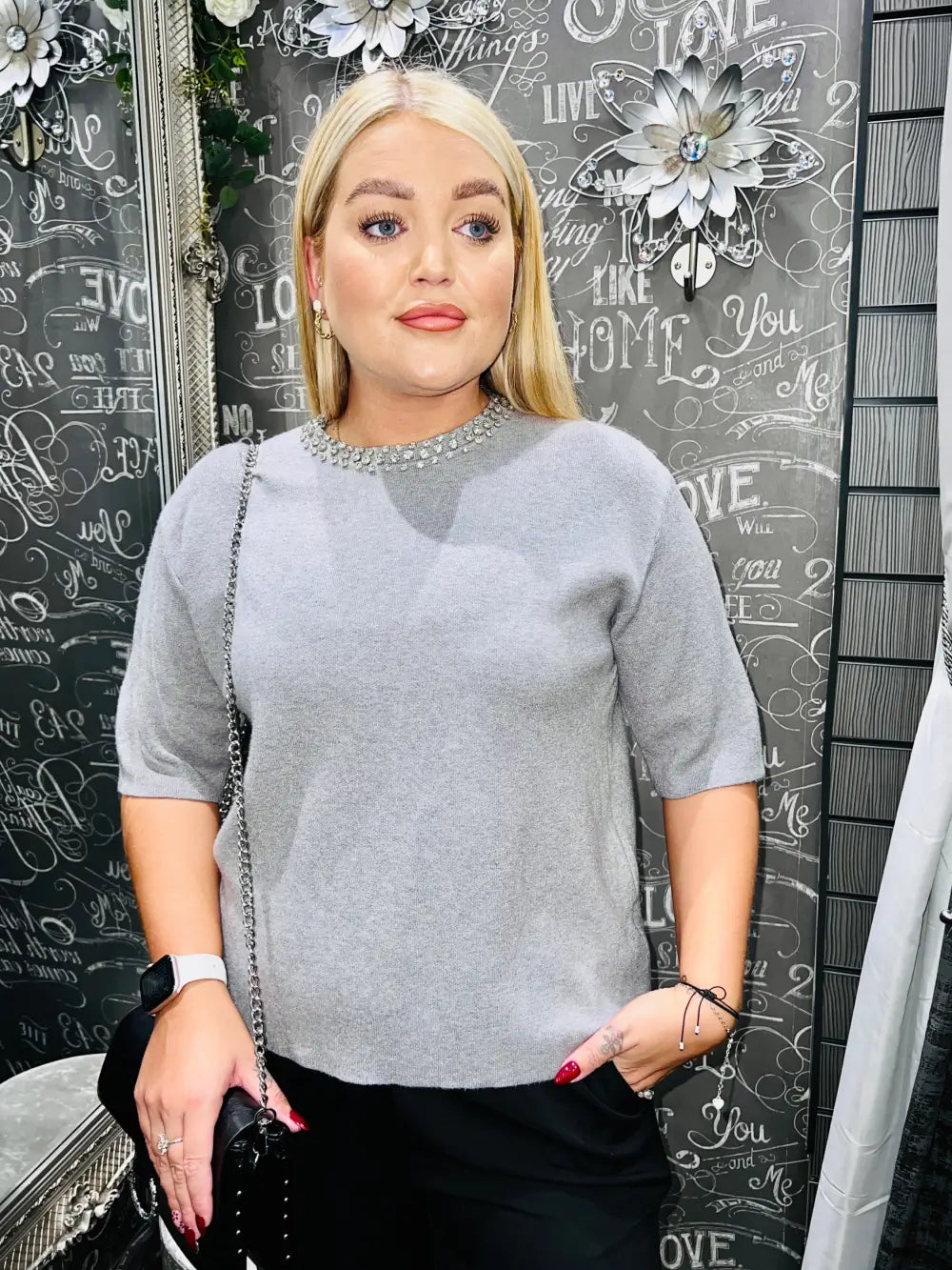 Cora Diamante Collar Jumper GREY