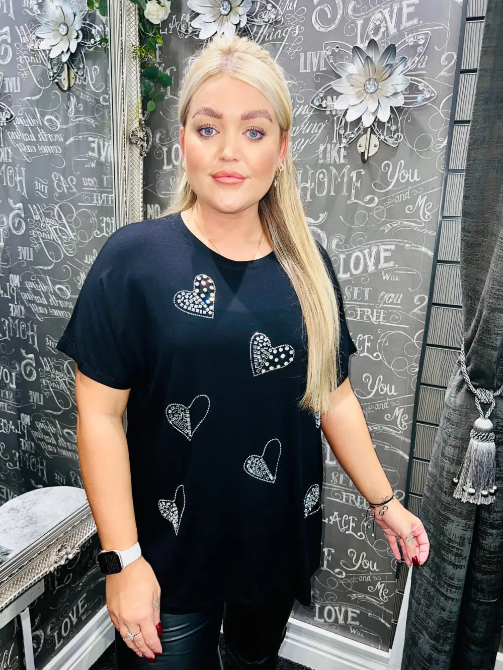 Diamante Heart T-Shirt BLACK - Tops