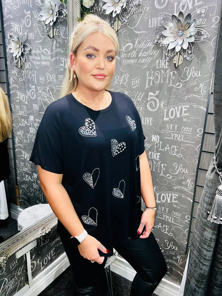 Diamante Heart T-Shirt BLACK - Tops