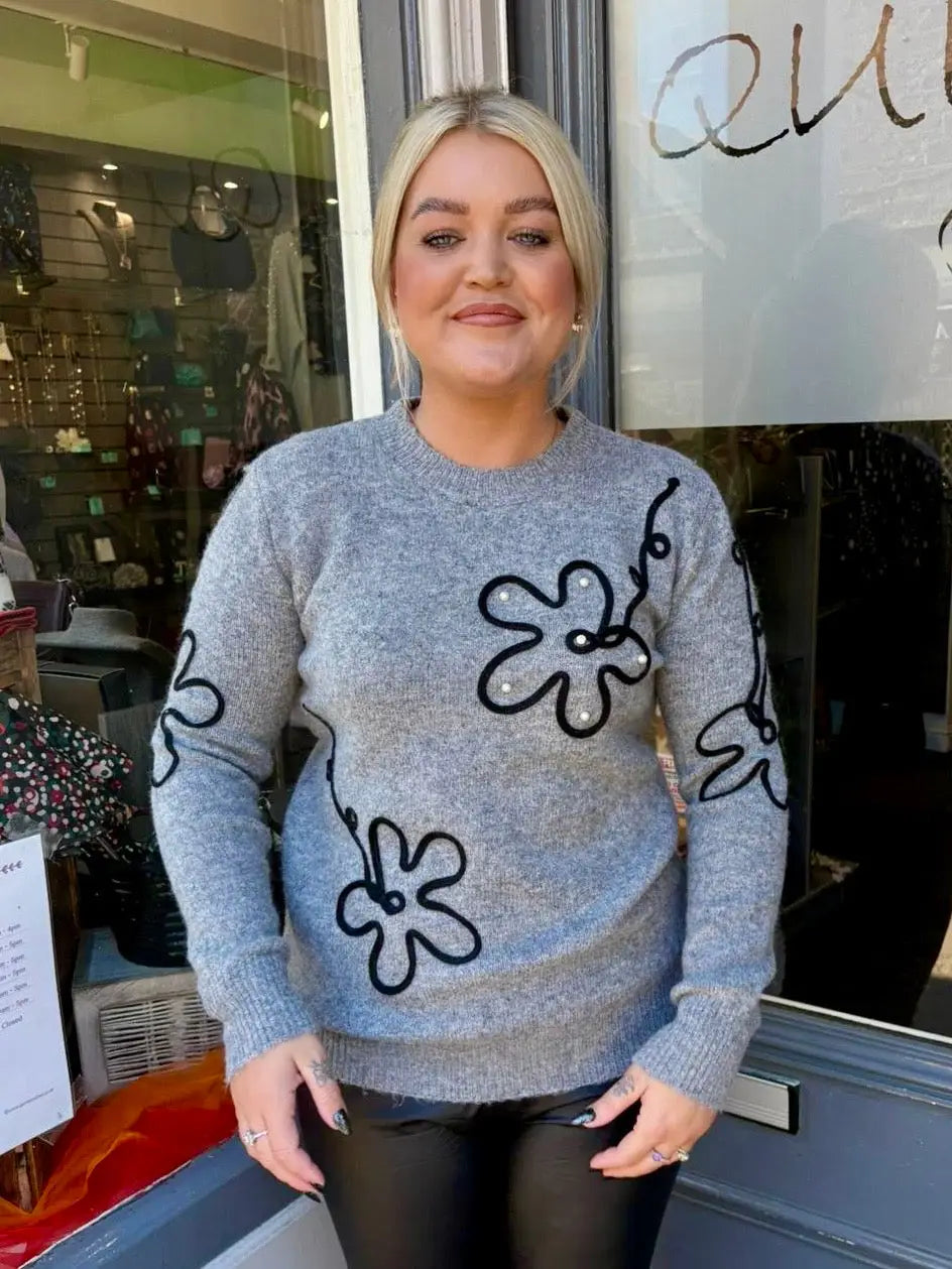Hattie Pearl Flower Jumper GREY