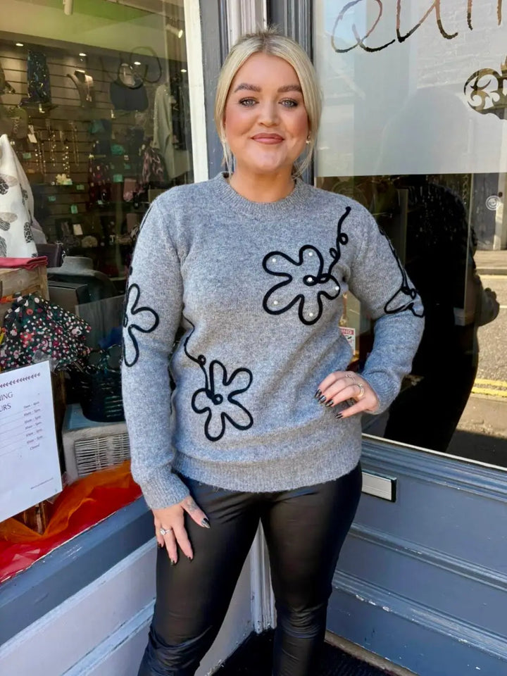 Hattie Pearl Flower Jumper GREY