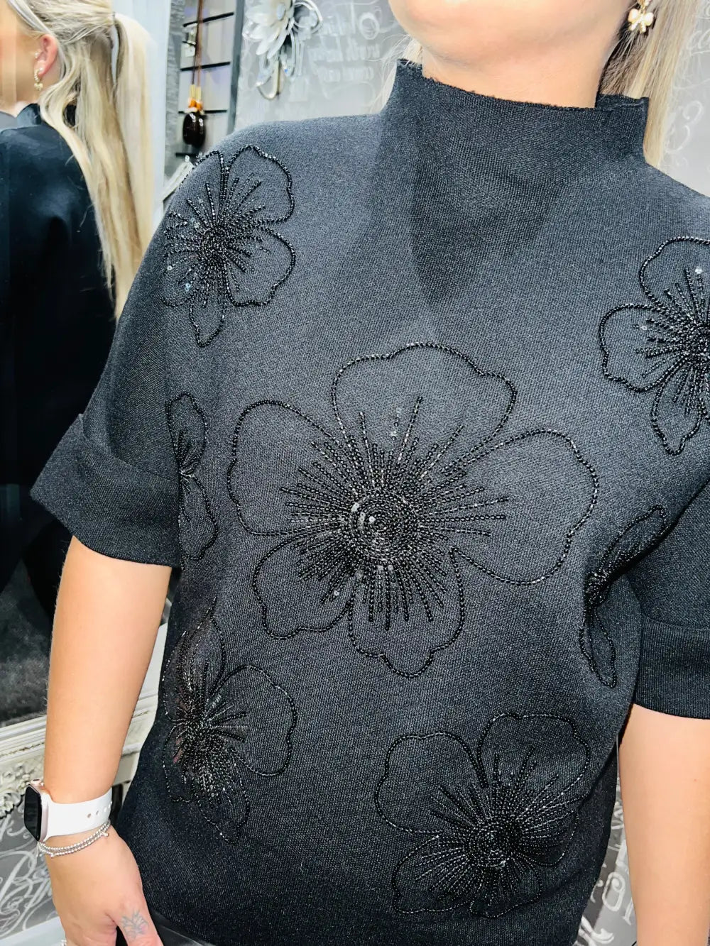 Julia Beaded Floral Jumper BLACK
