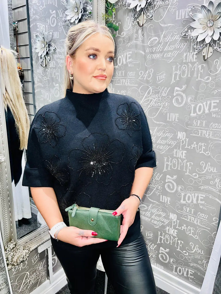 Julia Beaded Floral Jumper BLACK