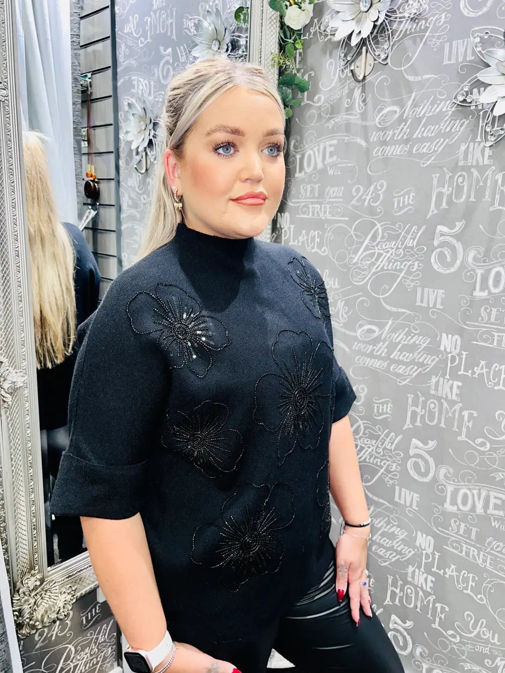 Julia Beaded Floral Jumper BLACK