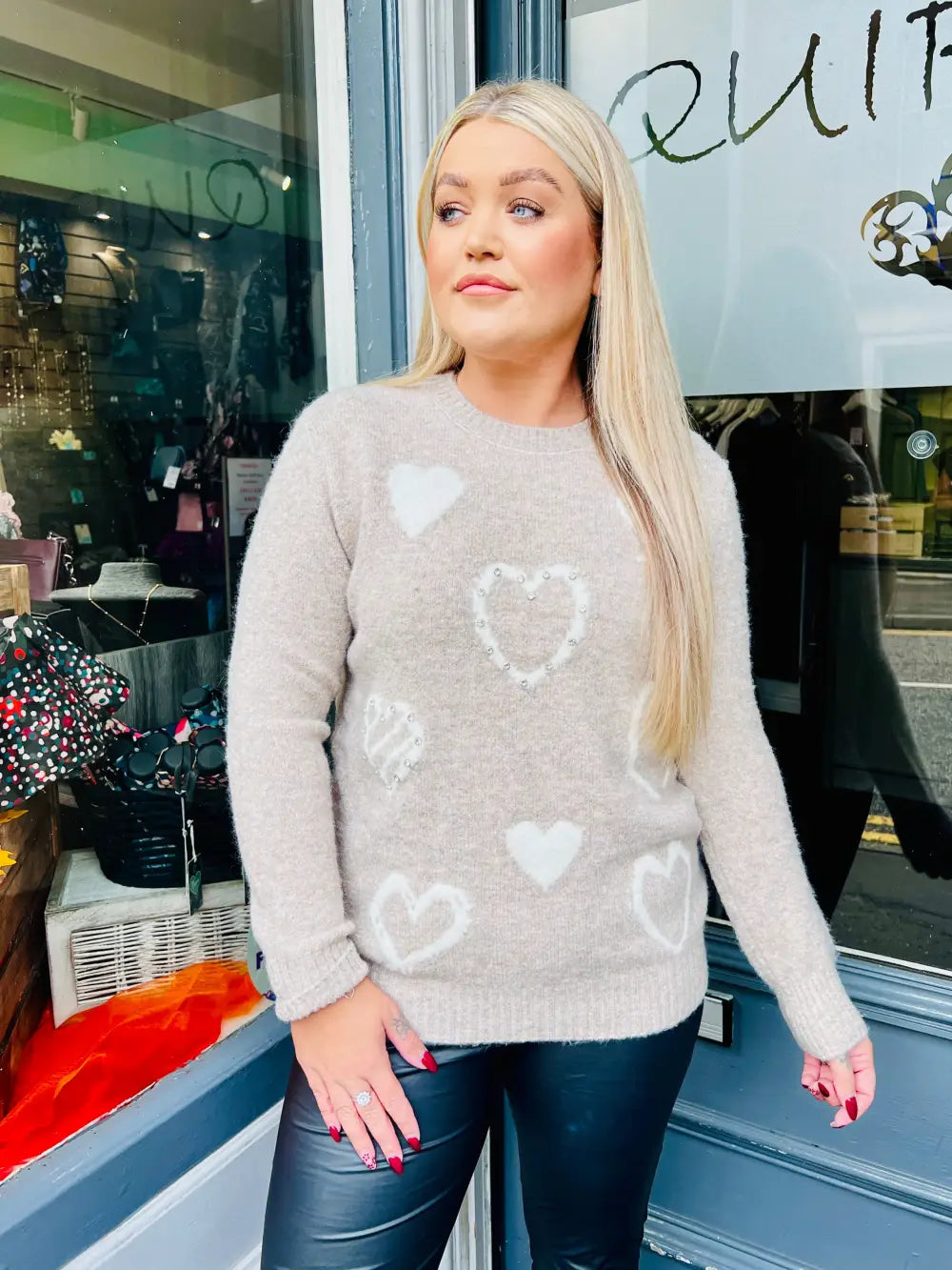 Keira Diamante Heart Jumper TAUPE
