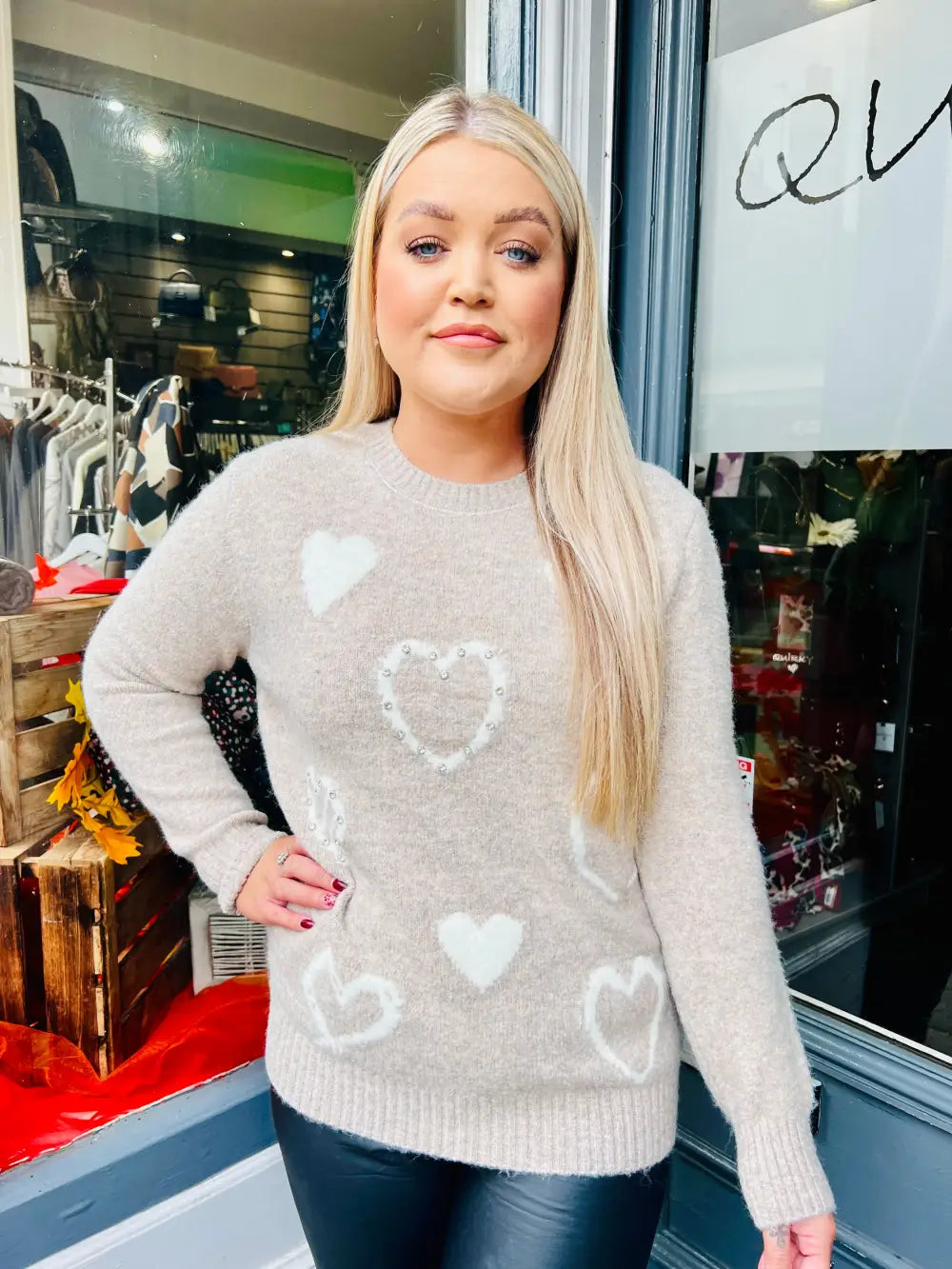 Keira Diamante Heart Jumper TAUPE