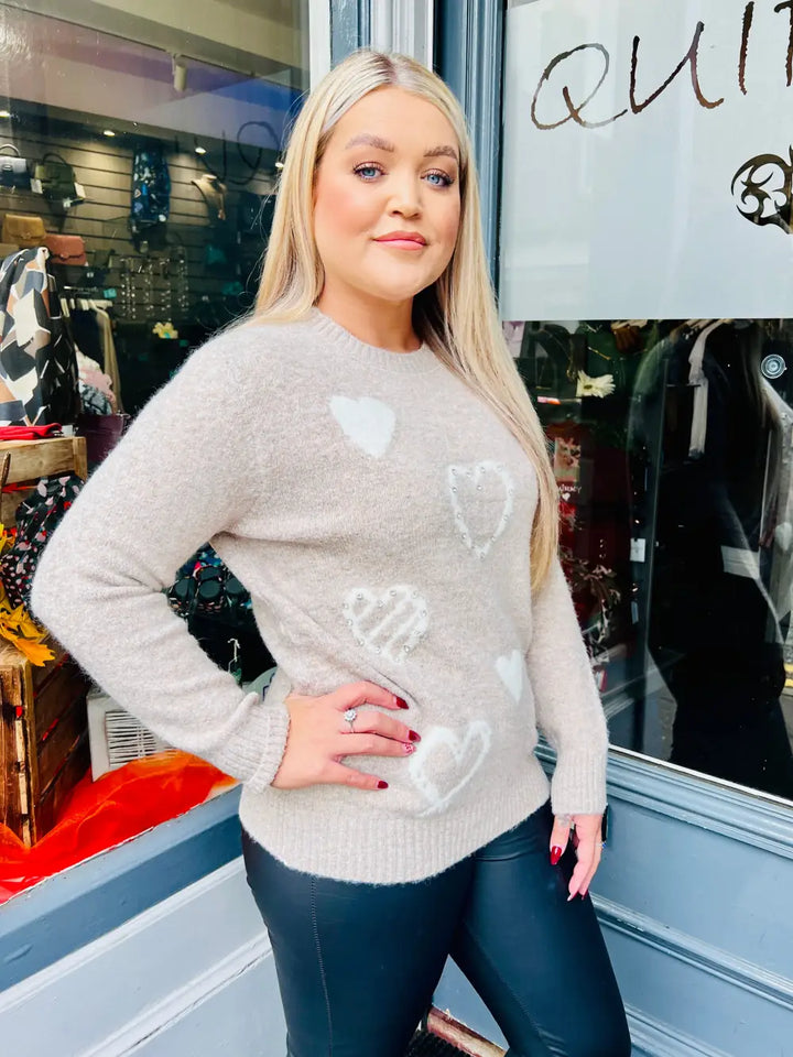 Keira Diamante Heart Jumper TAUPE