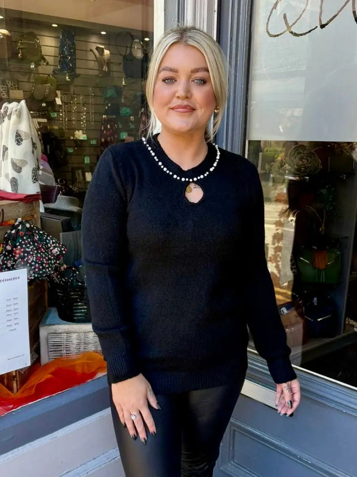 Monica Pearl Neck Jumper BLACK