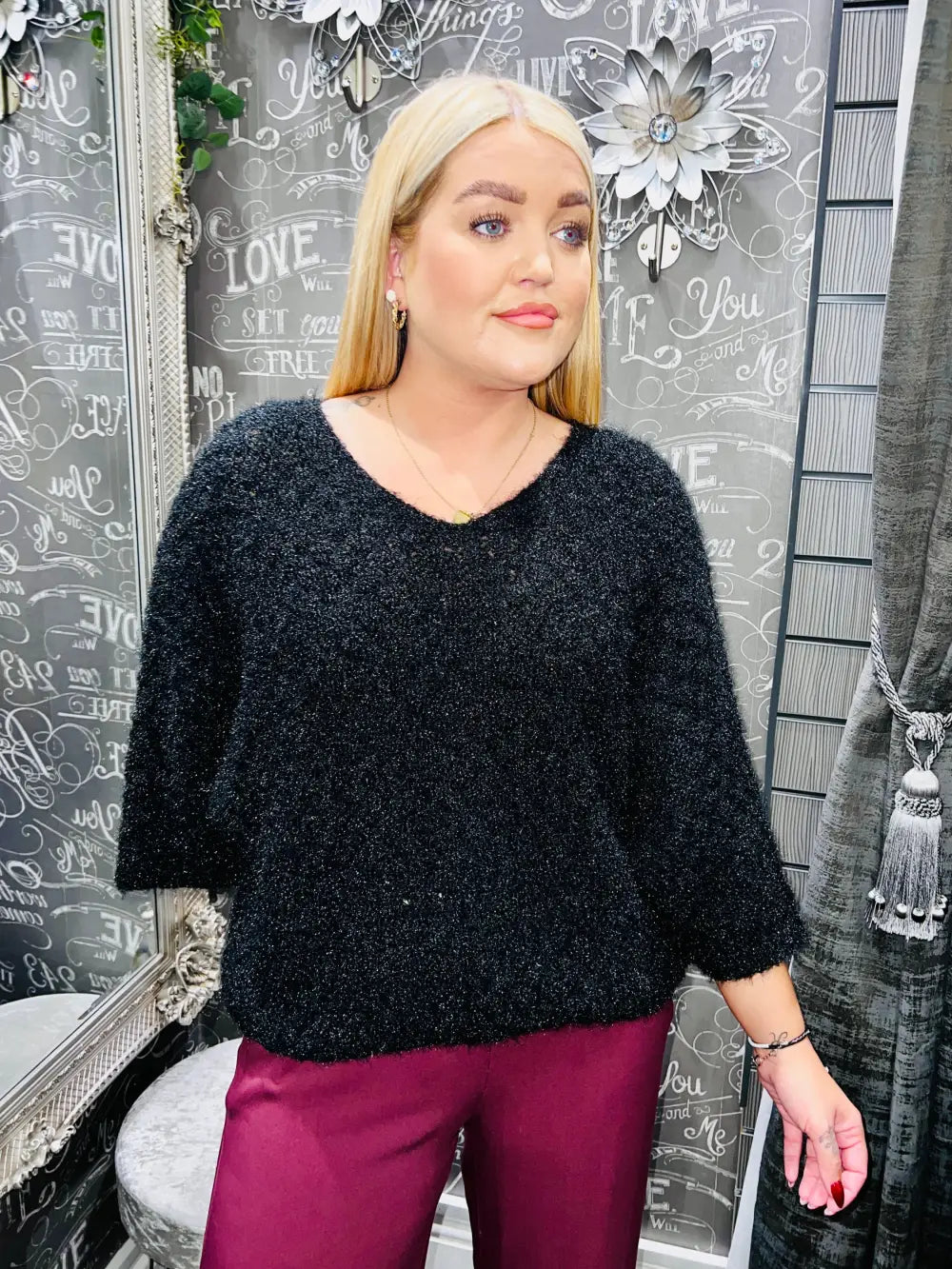 Moxie 3/4 Length Sleeve Fluffy Jumper BLACK