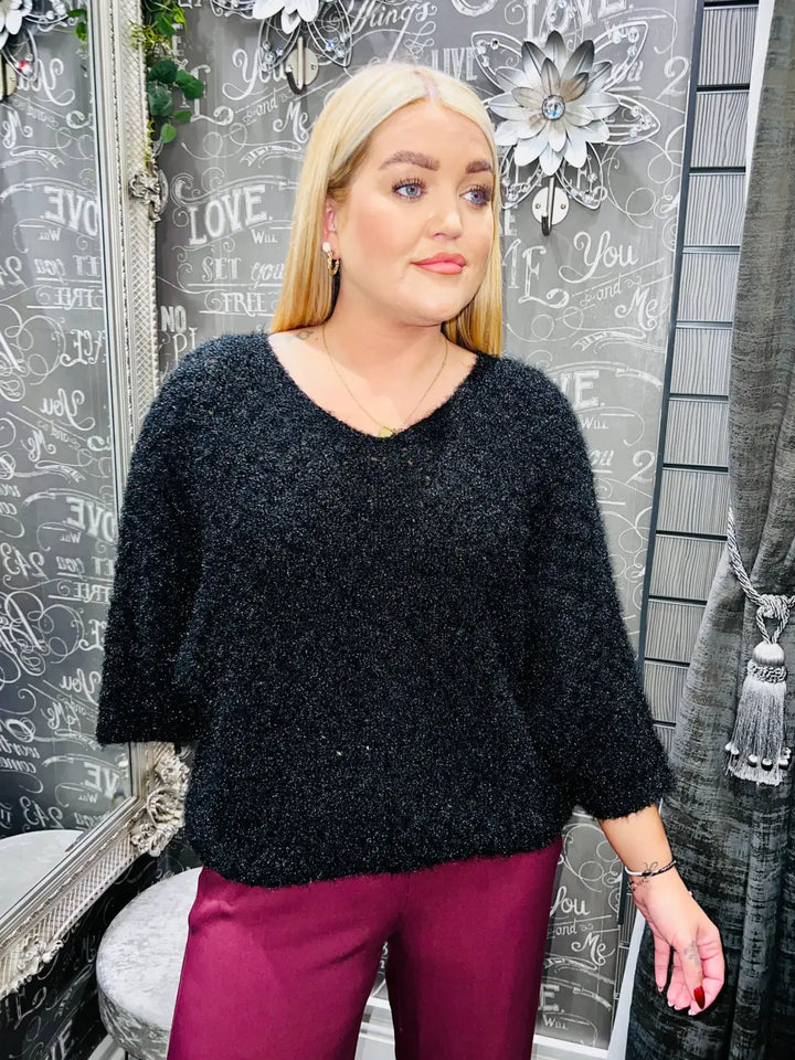 Moxie 3/4 Length Sleeve Fluffy Jumper BLACK