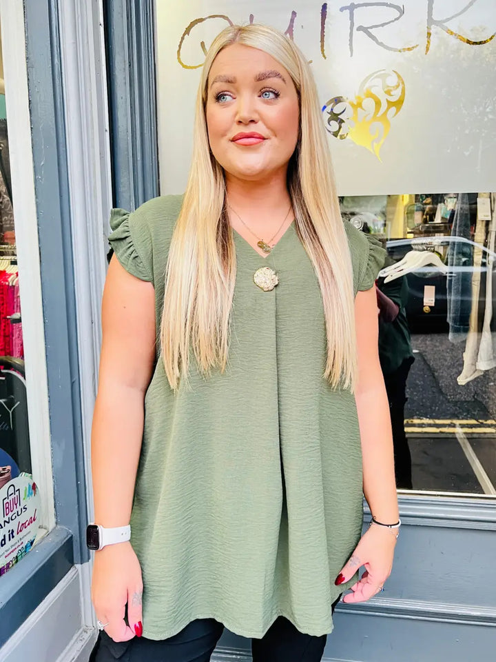 Tillie Brooch Design Sleeveless Frill Top KHAKI