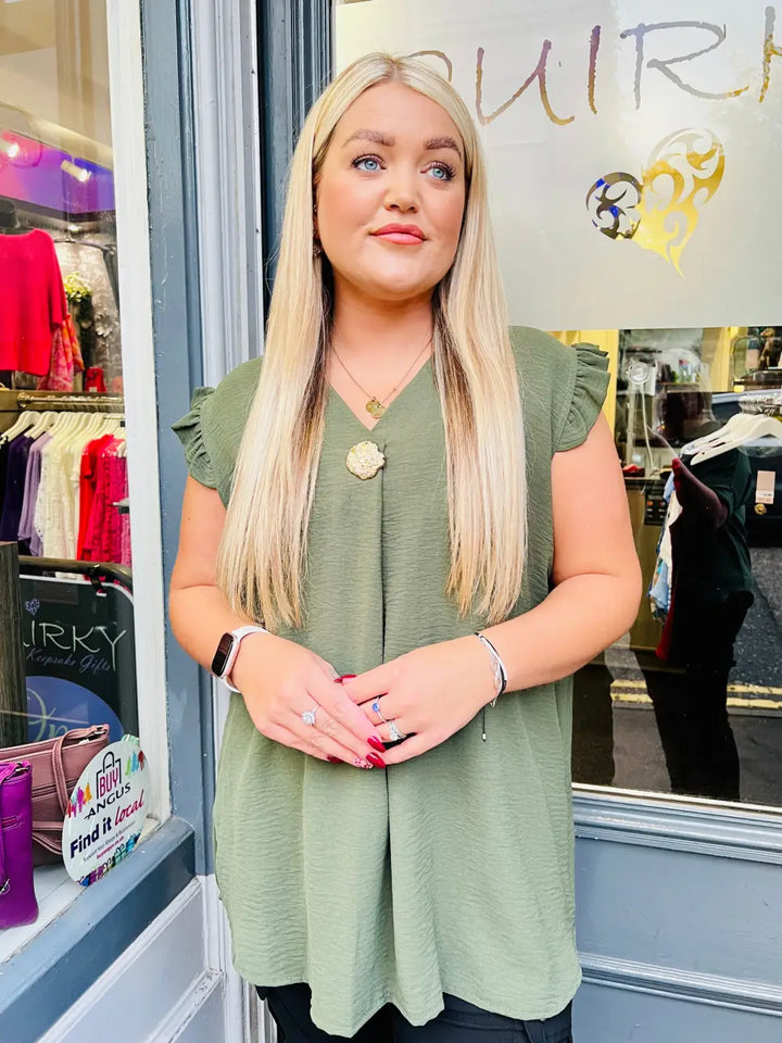 Tillie Brooch Design Sleeveless Frill Top KHAKI