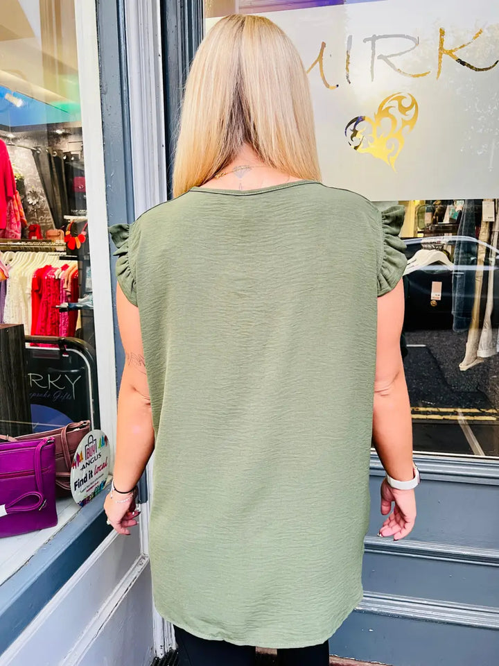 Tillie Brooch Design Sleeveless Frill Top KHAKI