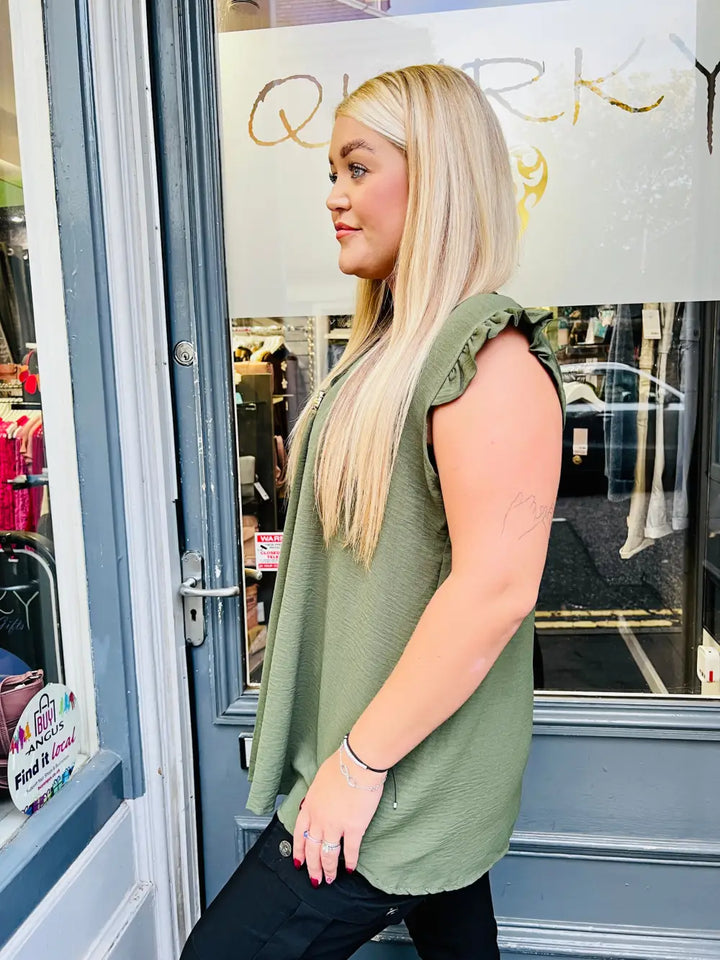 Tillie Brooch Design Sleeveless Frill Top KHAKI