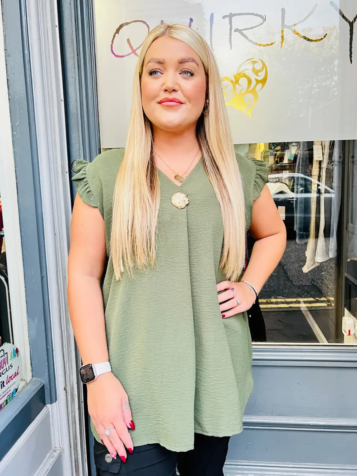 Tillie Brooch Design Sleeveless Frill Top KHAKI