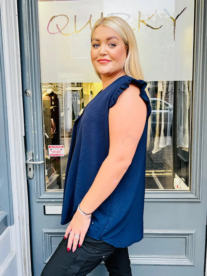 Tillie Brooch Design Sleeveless Frill Top NAVY