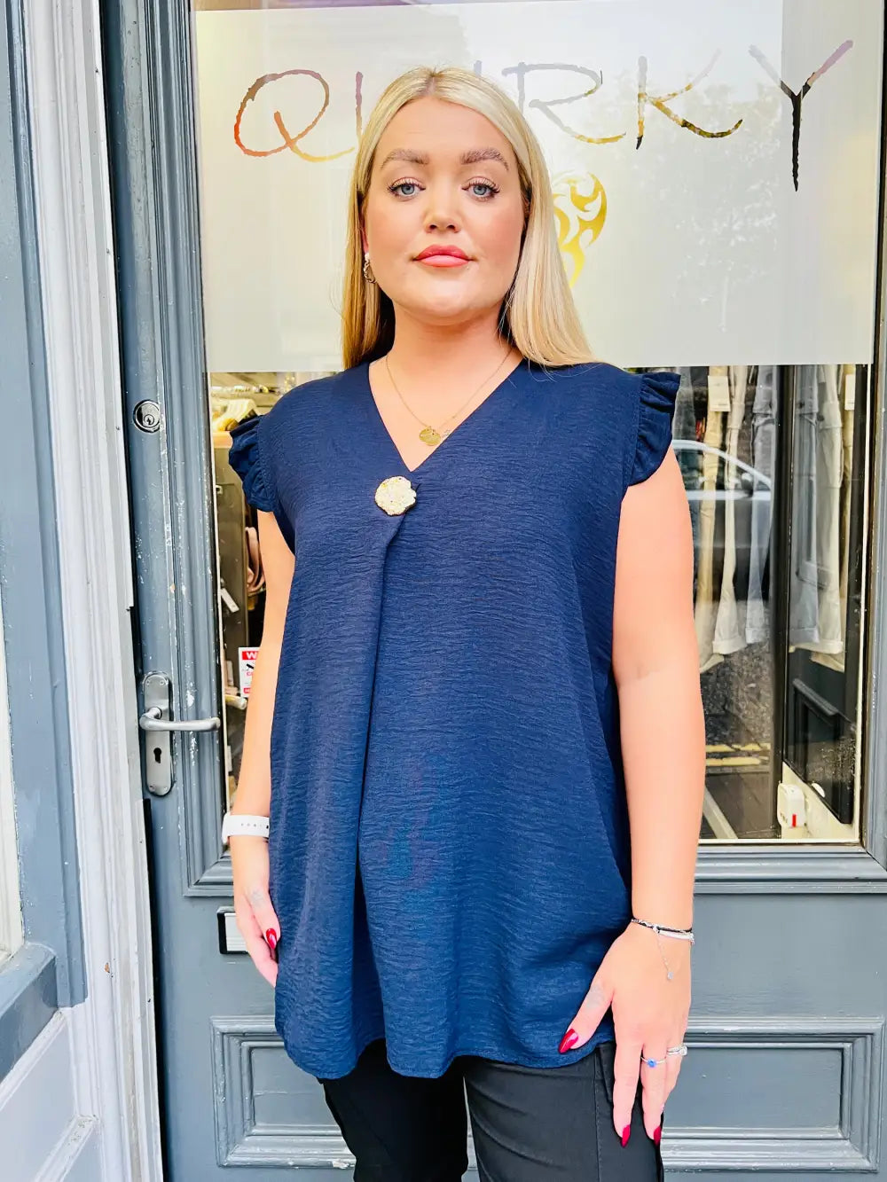 Tillie Brooch Design Sleeveless Frill Top NAVY