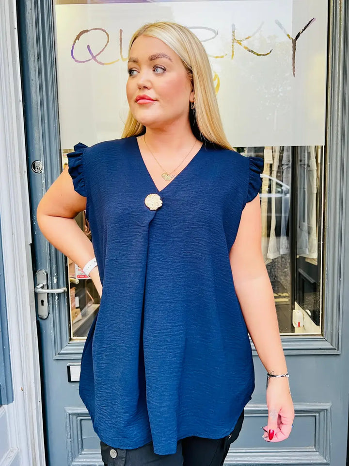 Tillie Brooch Design Sleeveless Frill Top NAVY