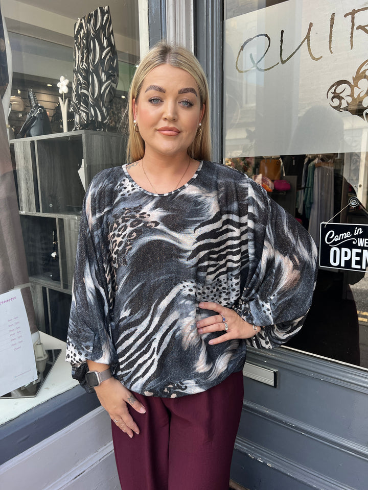 Lillian Mixed Animal Print Shimmer Top CHARCOAL