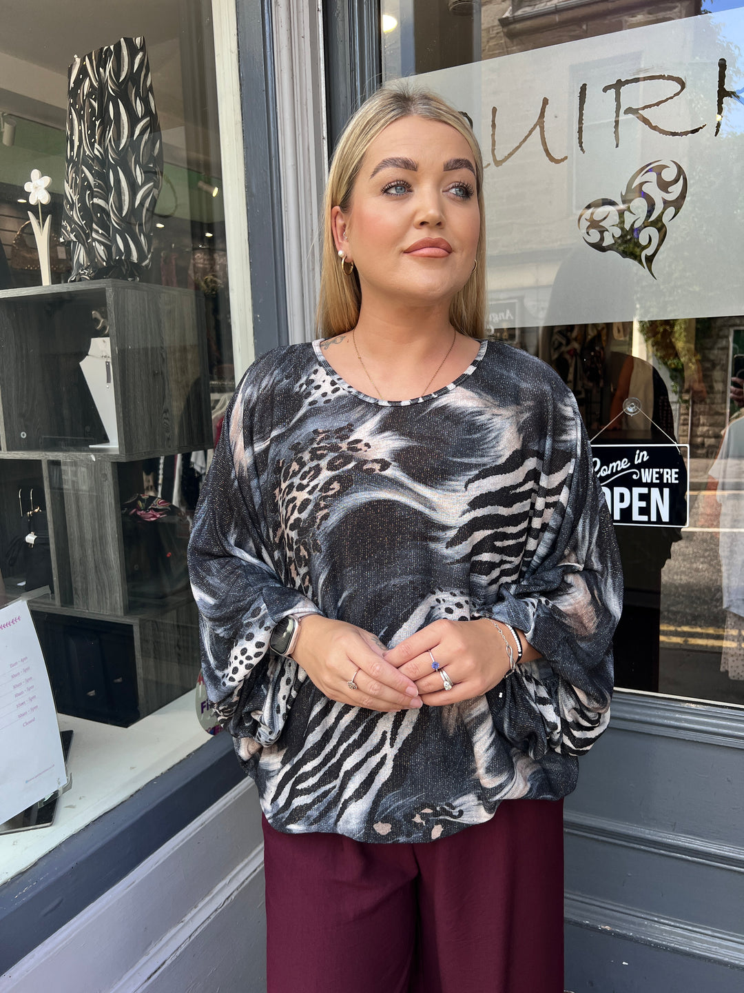 Lillian Mixed Animal Print Shimmer Top CHARCOAL