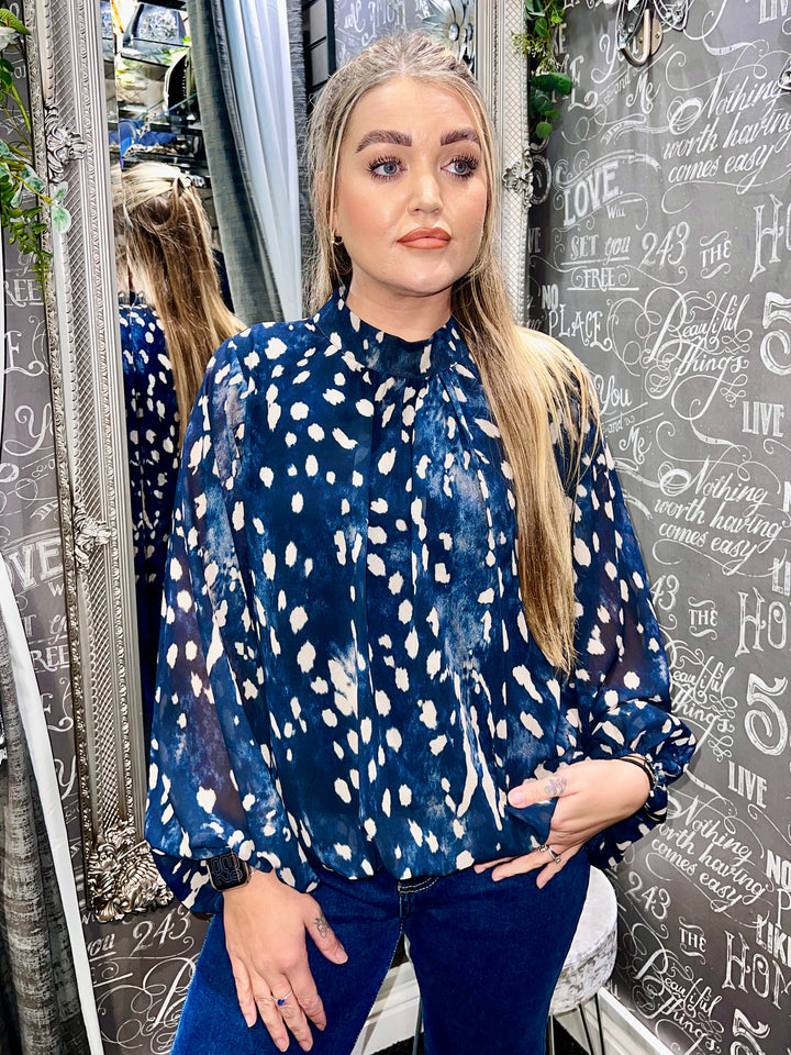 Jade Deer Print Bubblehem Blouse NAVY