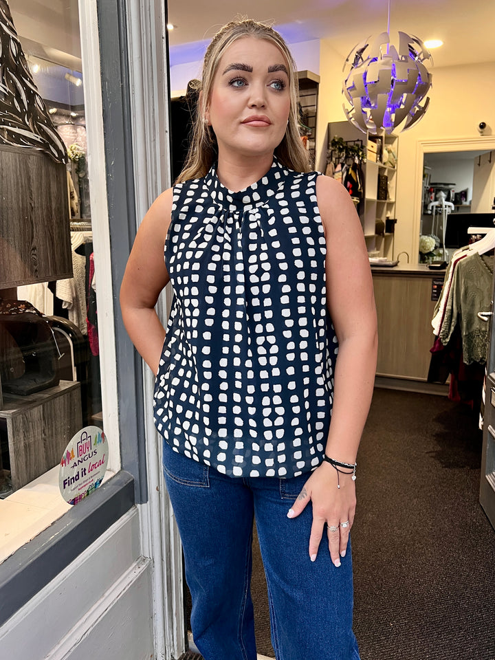 Dot Design Bubble Hem Sleeveless Blouse NAVY