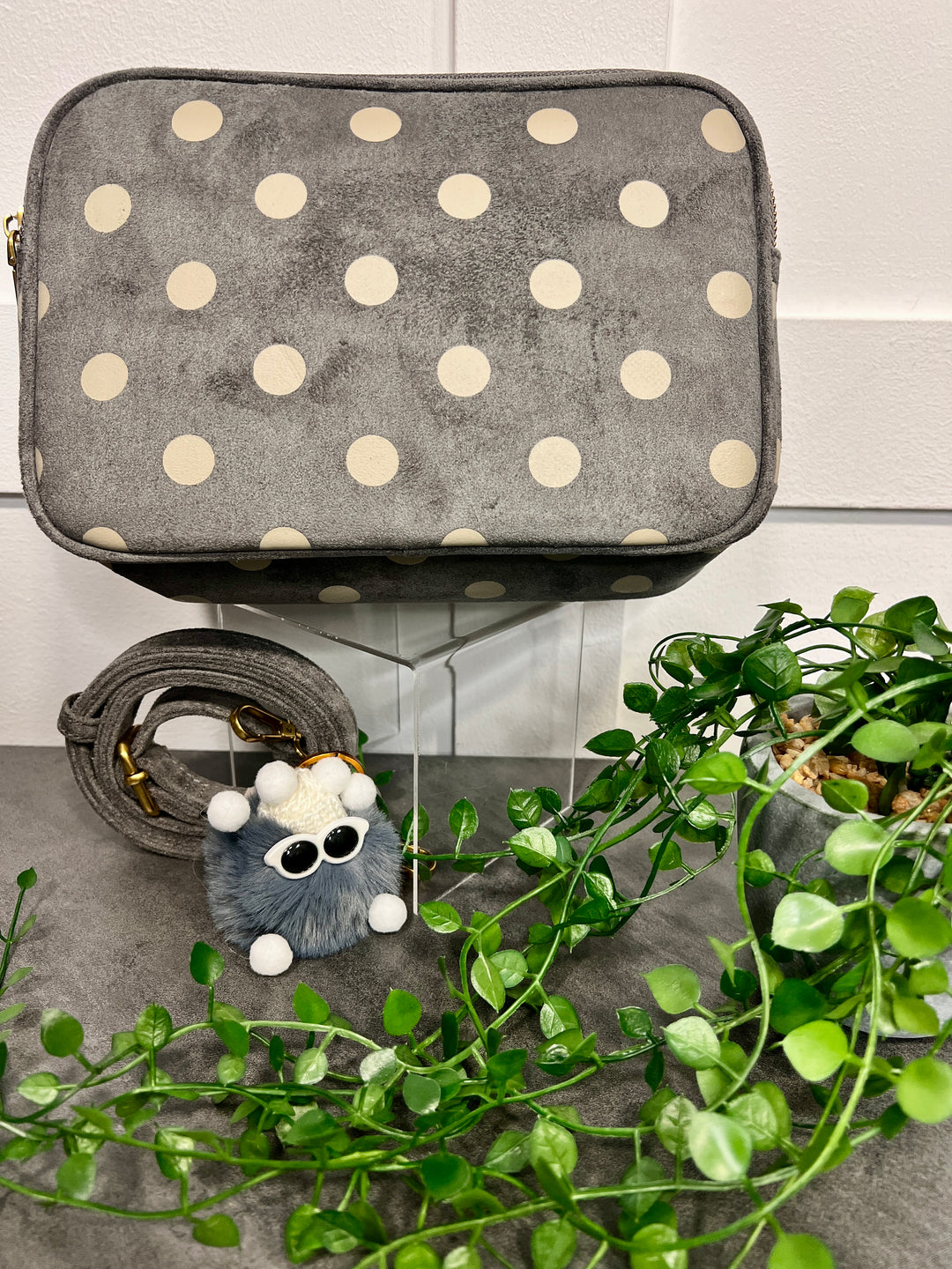 Polka Dot Suedette Camera Bag GREY