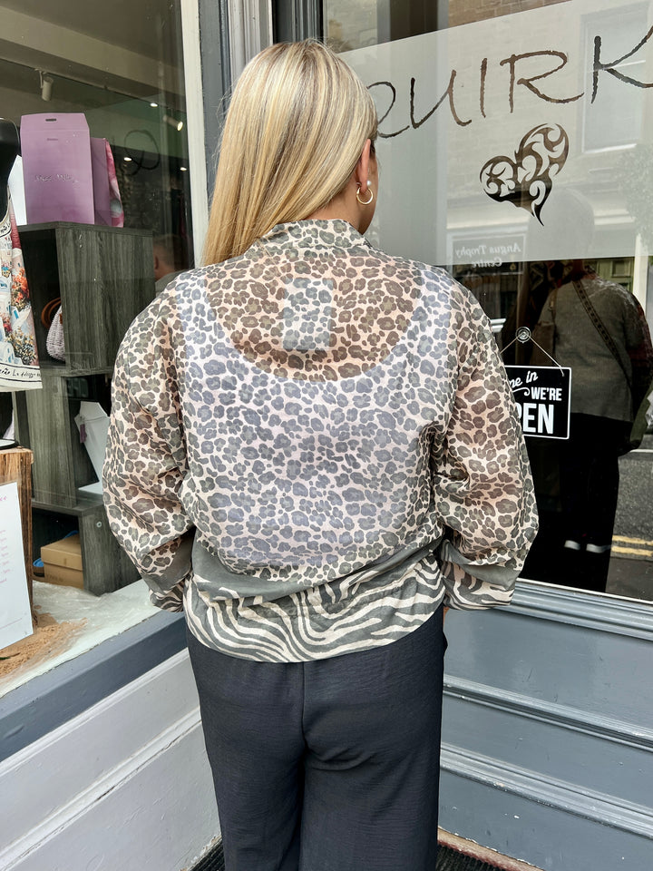Leopard Print Sheer Bomber Jacket KHAKI