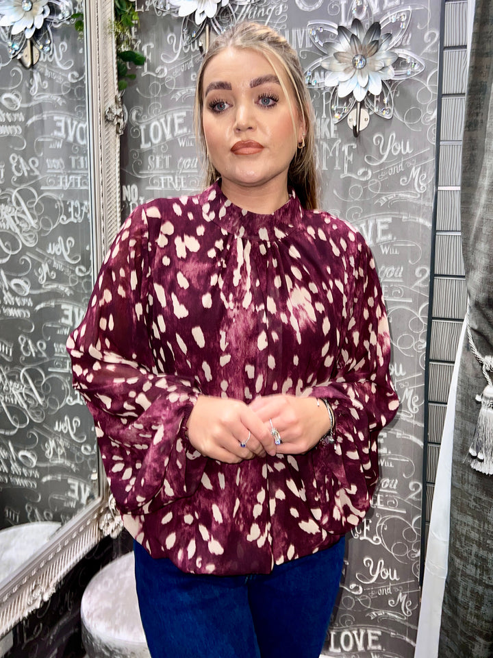 Jade Deer Print Bubblehem Blouse BURGUNDY