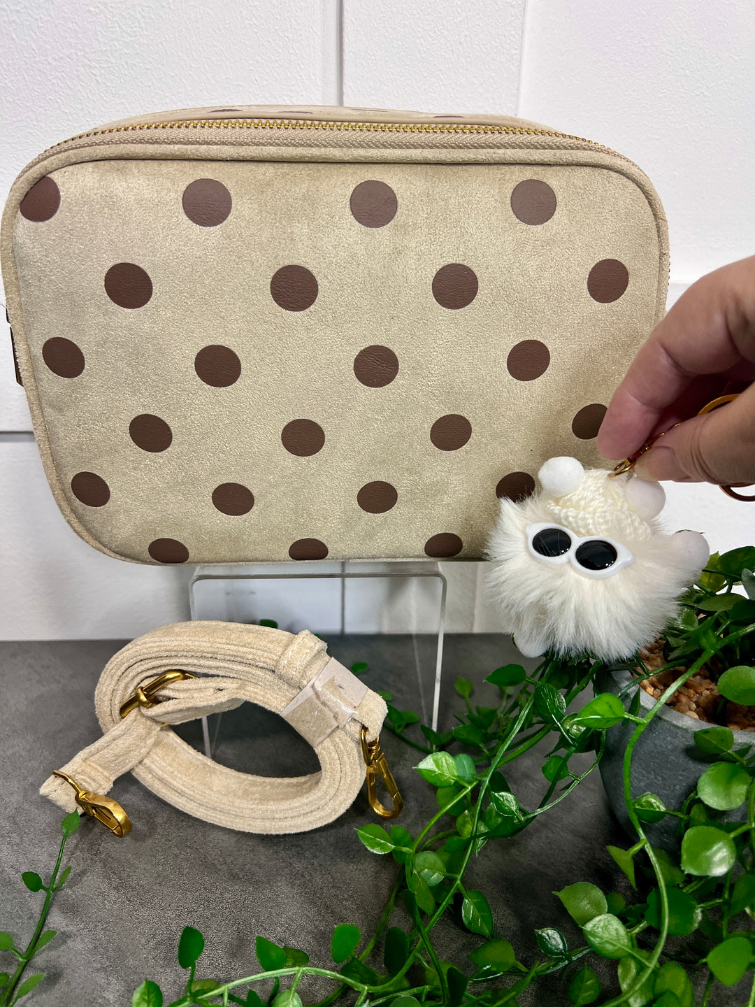 Polka Dot Suedette Camera Bag BEIGE/BROWN