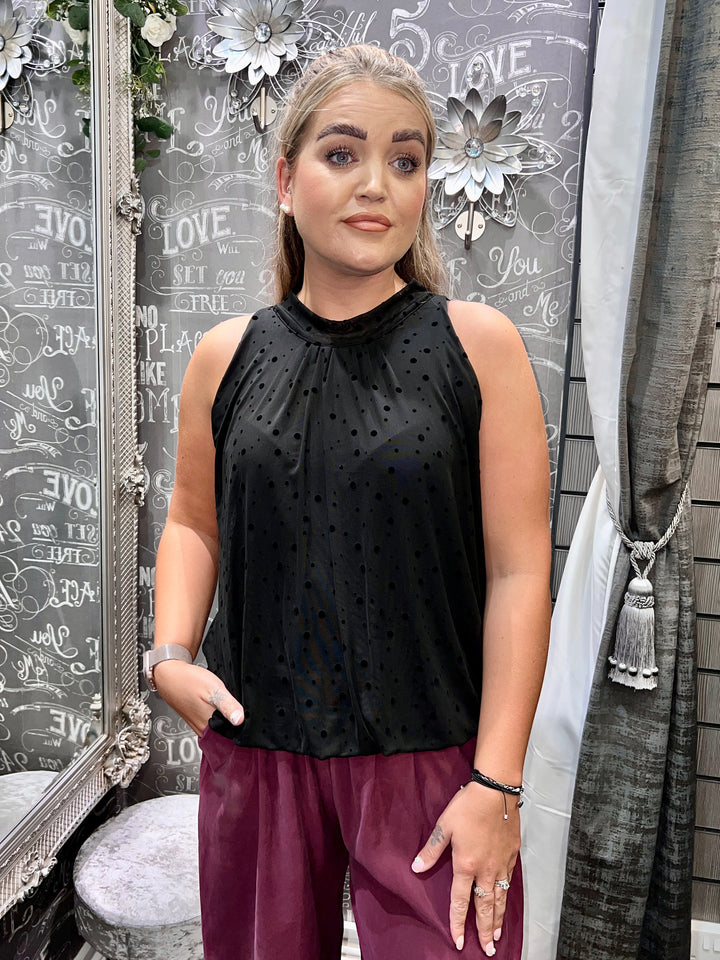 Textured Dot Sleeveless Bubblehem Blouse BLACK