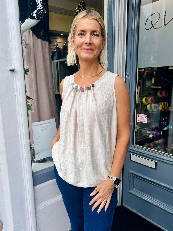 Lilly Beaded Neck Top BEIGE