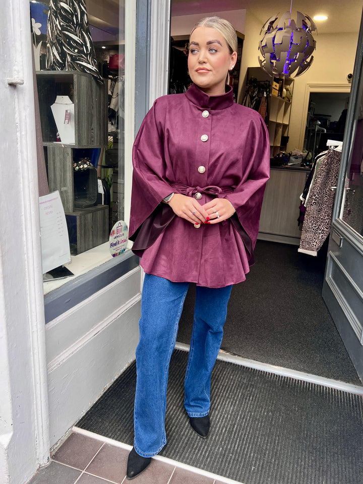 Savannah Suede Belted Cape BERRY