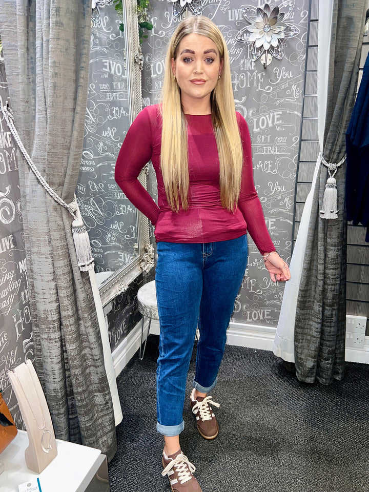 Plain Mesh Top 5% Cashmere BURGUNDY