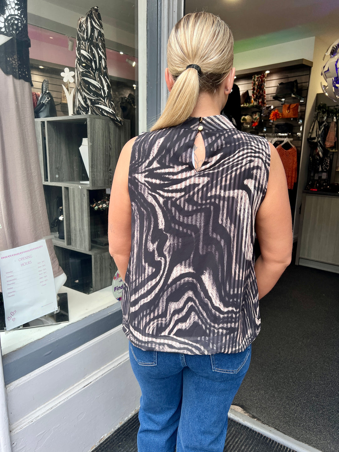 Zebra Stripe Bubble Hem Sleeveless Blouse