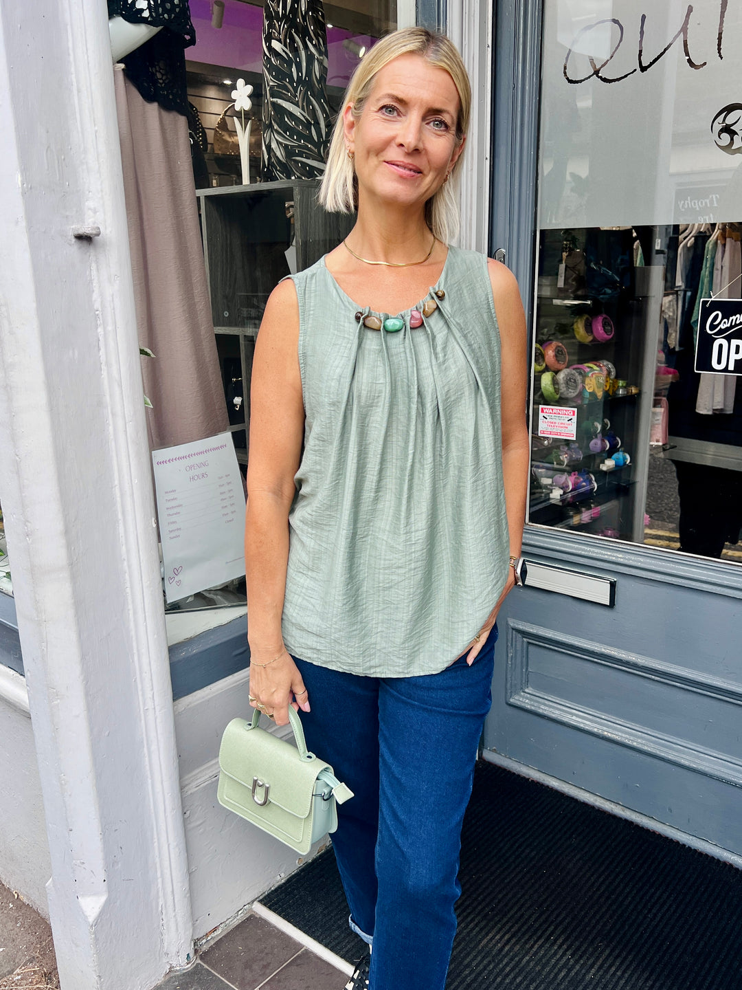 Lilly Beaded Neck Top KHAKI