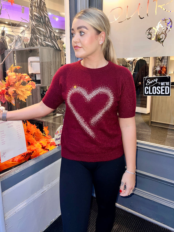 Thea Diamante Embossed Heart Knit WINE