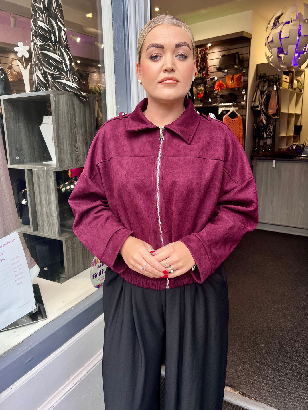 Tara Suede Bomber Jacket BURGUNDY