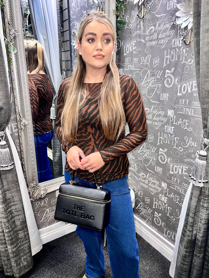 Zebra Print Mesh Top 5% Cashmere BROWN
