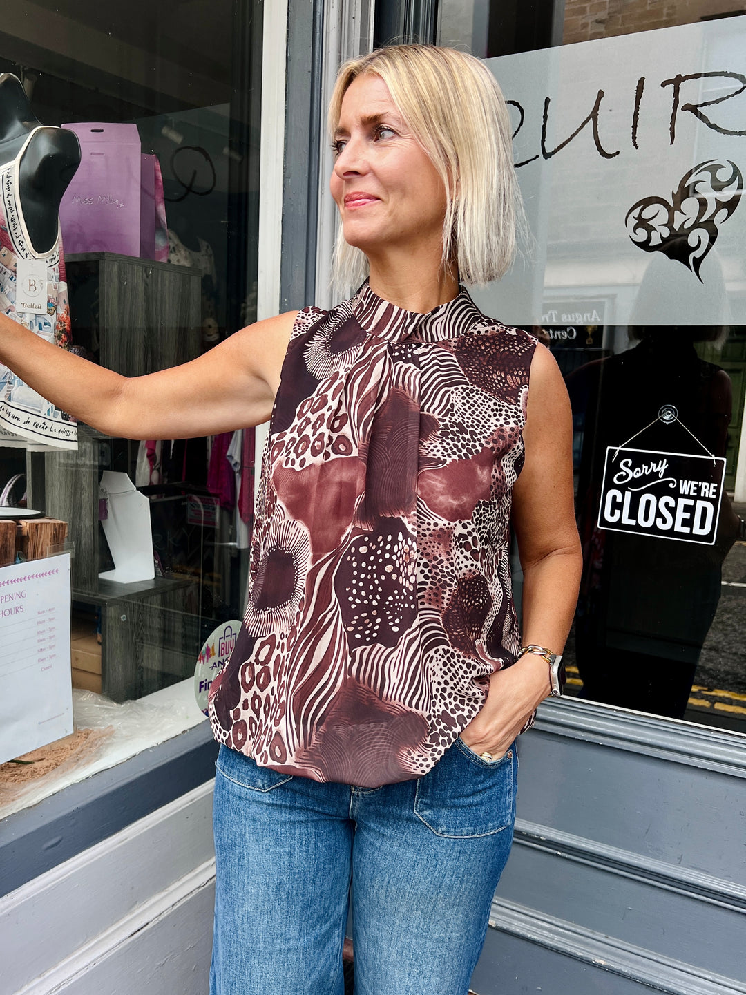 Animal Print Bubble Hem Sleeveless Blouse BROWN